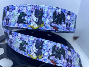 New 1 yard 1 Inch "How to train your Dragon" Toothless and Light Fury Grosgrain Ribbon