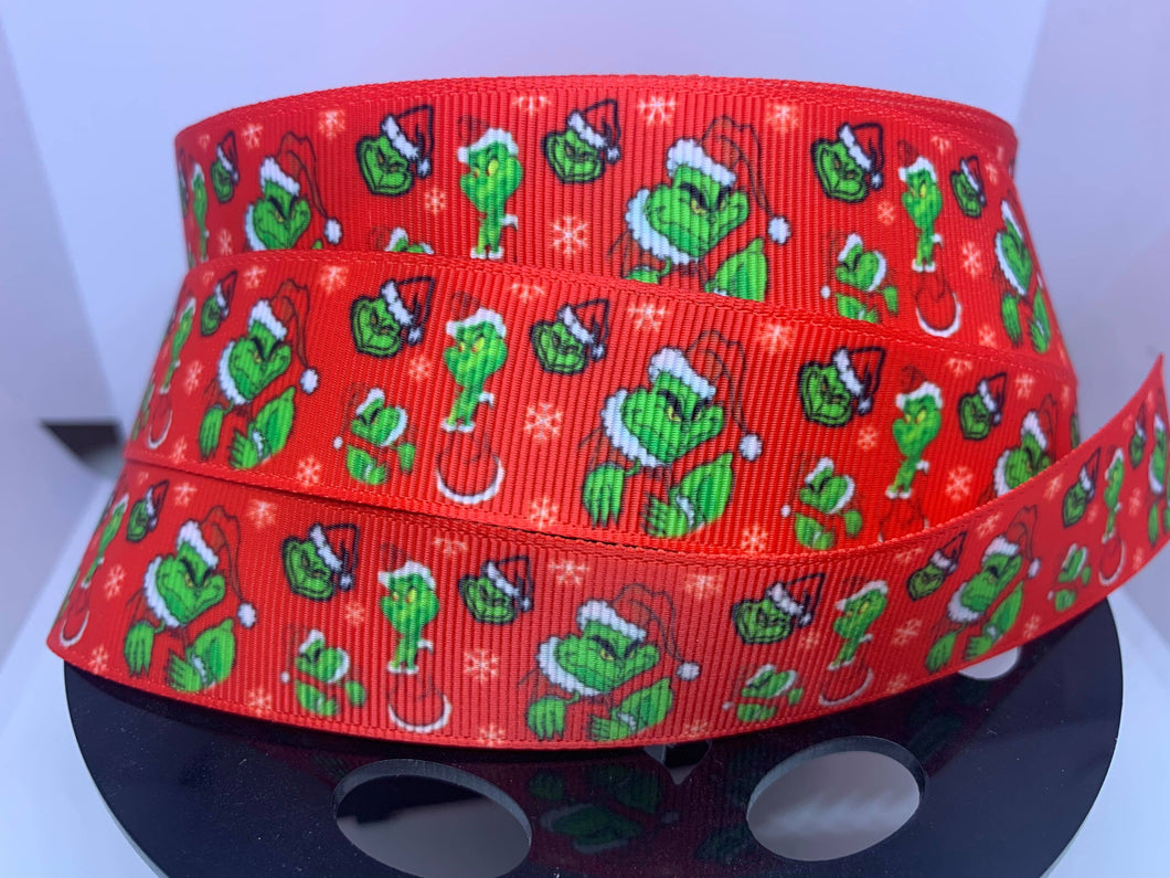 1 Yard 1 inch Grinch with Red Background Grosgrain Ribbon