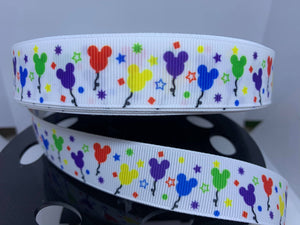1 yard 7/8" Rainbow Colors Mickey Mouse Balloons Grosgrain Ribbon