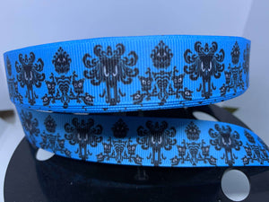 1 yard 7/8" Blue  Disney Haunted Mansion Wallpaper Print Grosgrain Ribbon