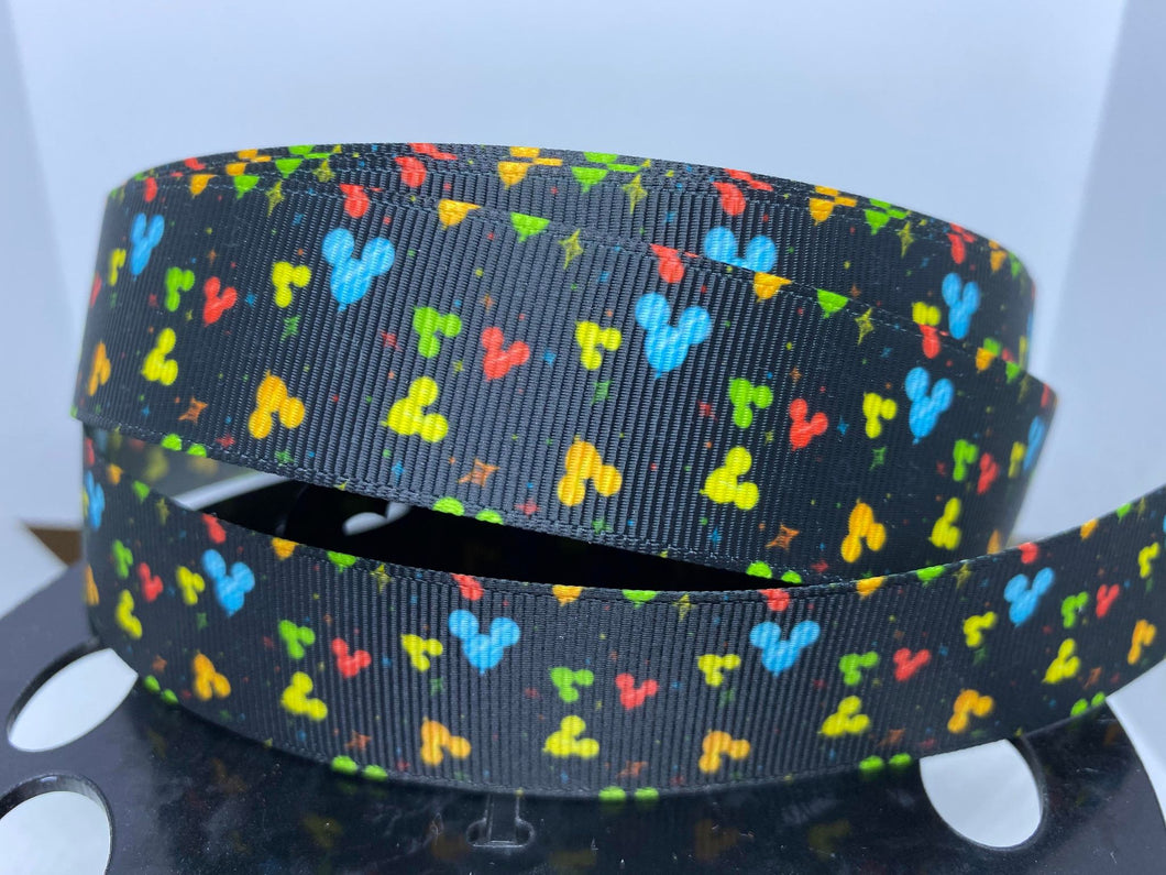 New Design 1 yard 1 inch Rainbow Mickey Balloons Black Background Grosgrain Ribbon