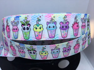 1 yard 7/8" Kawaii Boba Tea with Cute Animals Food Grosgrain Ribbon
