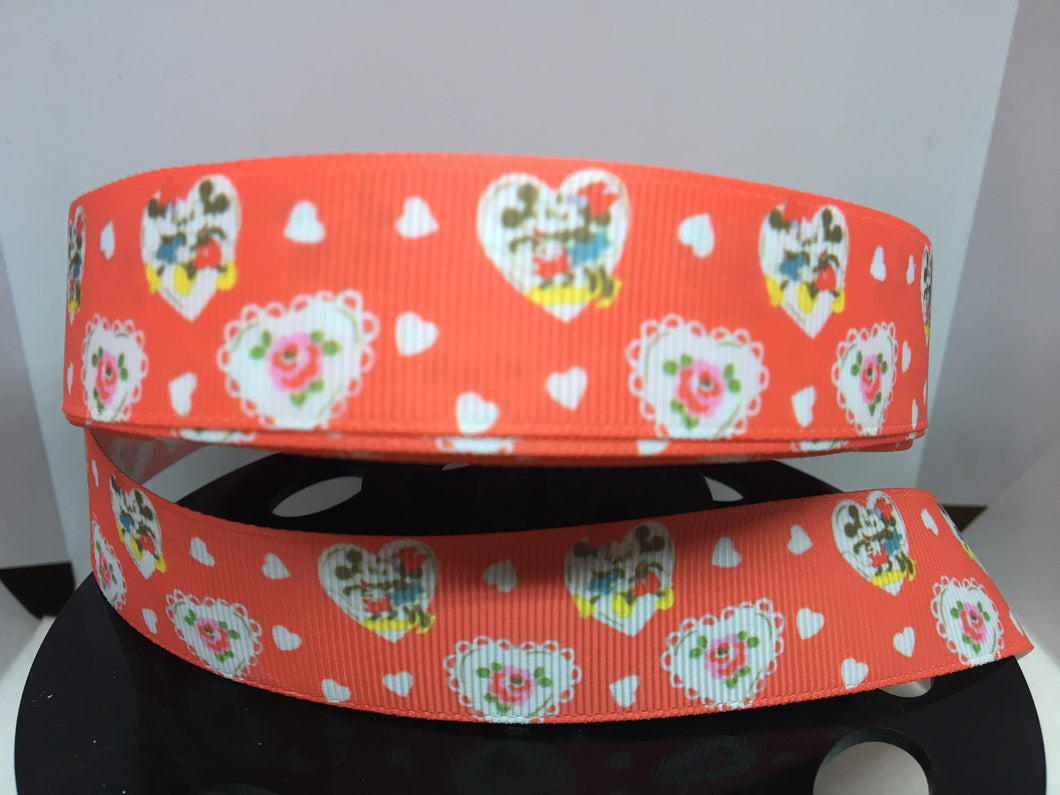 1 Yard 1 inch Valentines Day Hearts Mickey and Minnie Grosgrain Ribbon