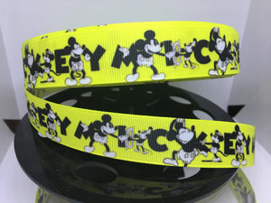 1 yard 7/8"  Disney Vintage Mickey Mouse Bright Yellow Print Ribbon