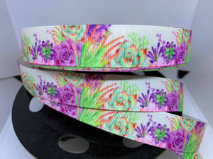1 yard 7/8" Pretty Watercolor Colorful Succulent Grosgrain Ribbon - Arizona Bow Making Ribbon Desert