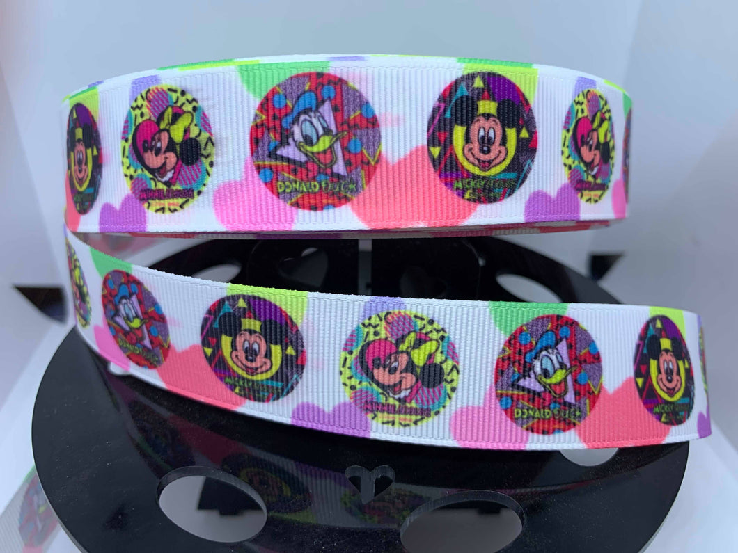 1 Yard 1 inch 1980's Retro Mickey Minnie Donald Park Buttons  Grosgrain Ribbon