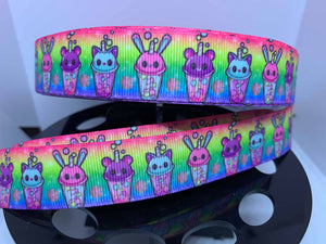 1 yard 7/8" Kawaii Rainbow Boba Tea with Cute Animals Food Grosgrain Ribbon