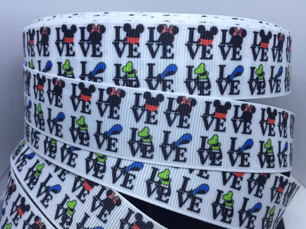 BTY 1 yard 1 inch Disney Mickey Minnie LOVE Grosgrain Ribbon  Bow Making Ribbon Donald  Goofy