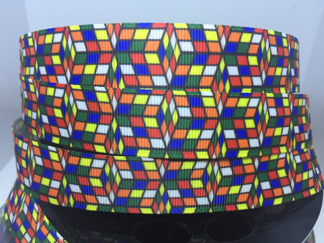 1 yard 7/8's Rubix Cube 1980's Toy Grosgrain Ribbon - Puzzle Bow Making Ribbon - Old School toy Vintage