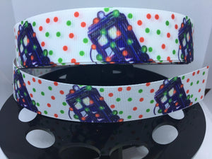 1 yard 1 inch British blue Police Box Christmas Grosgrain Ribbon - Bow Making Ribbon -Whovian Daleck Dr. Who