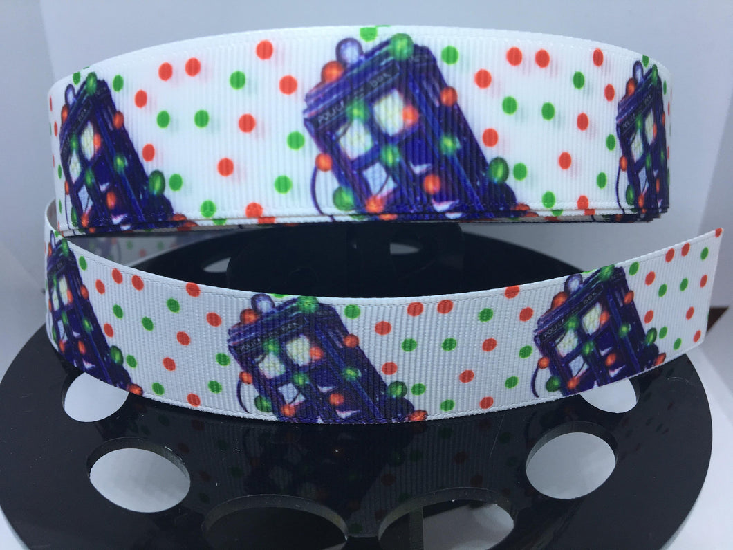1 yard 1 inch British blue Police Box Christmas Grosgrain Ribbon - Bow Making Ribbon -Whovian Daleck Dr. Who