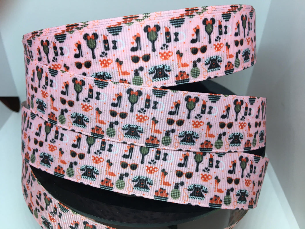 1 yard 1 inch Disney Minnie Mouse Pink Girly Stuff Grosgrain Ribbon Park  Bow Making Ribbon Phone Heels Mirror
